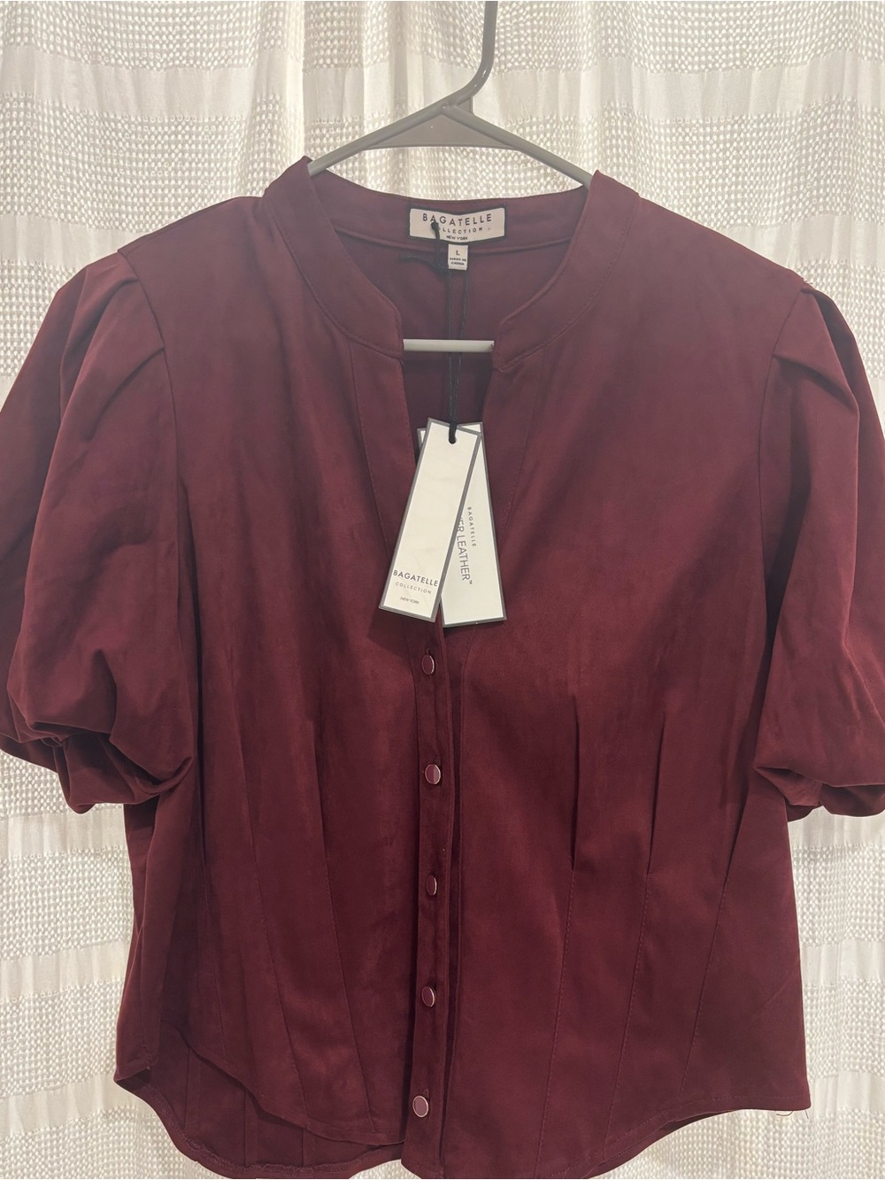 NWT Bagatelle Women's Puff Sleeve Faux-Ever Leather Button-Front Top. Size L.